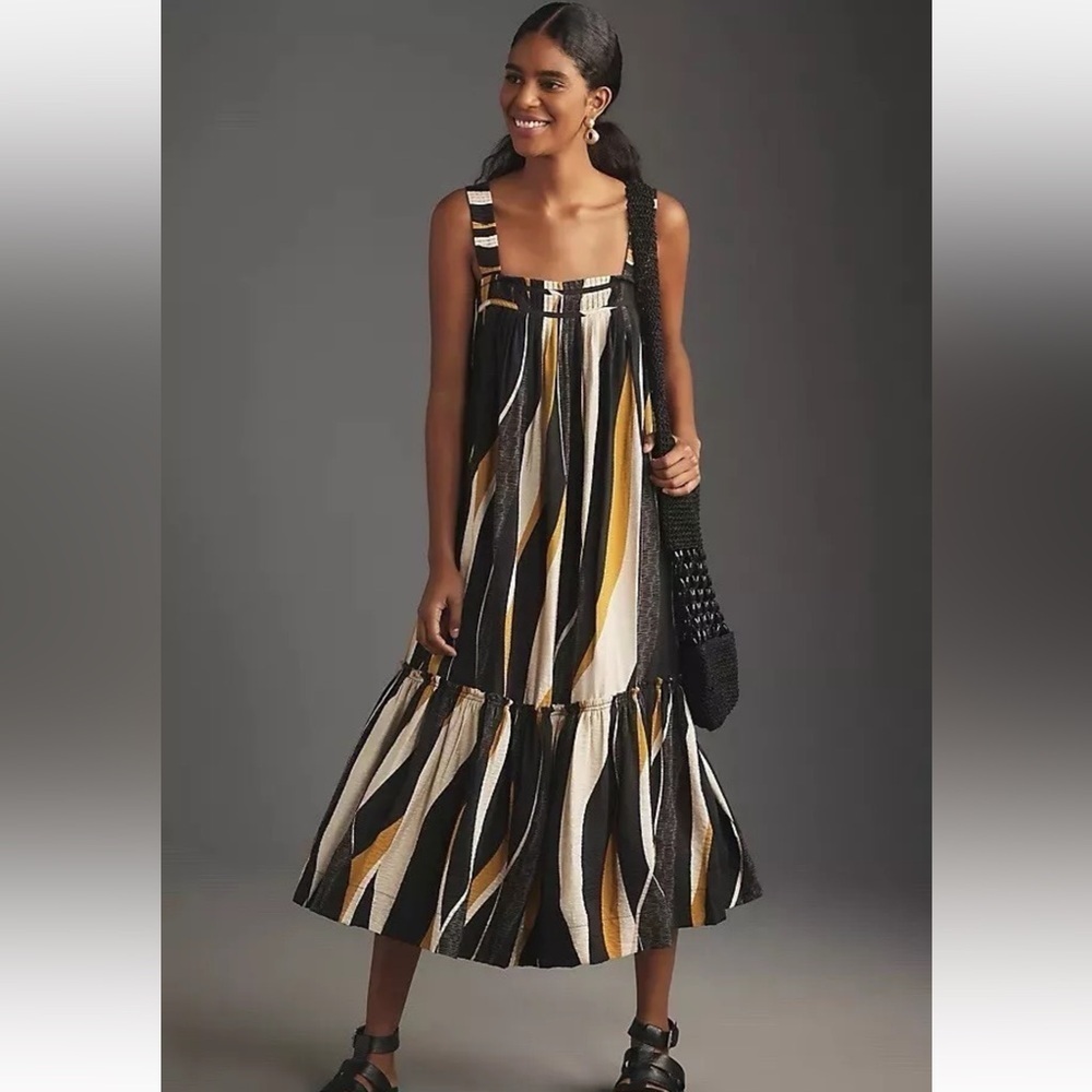 ANTHROPOLOGIE Square-Neck Waistless Midi Dress, Black Motif, Size Large NWT